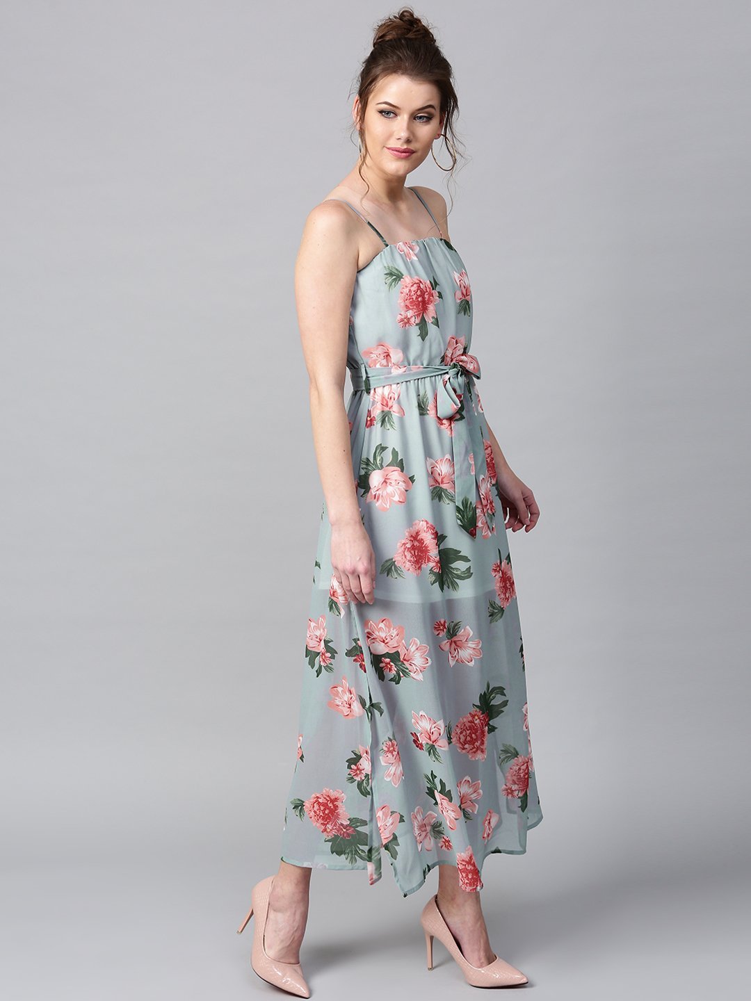 Floral Printed Maxi Dress - Grey (4592064954426)